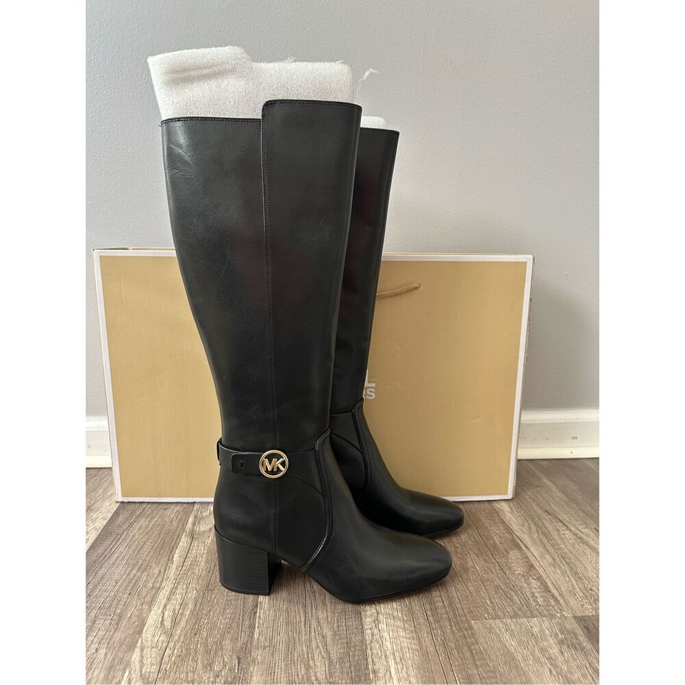 Michael Kors Side Zip Logo Buckle Carmen Leather Tall Riding Boots Black Sz 7.5M - Picture 6 of 12